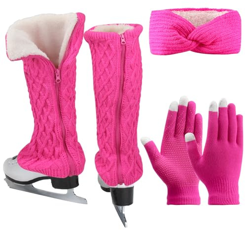 Erogeen Figure Skating Leg Warmers Gloves Headband Set Fleece Zipper Skating Leg Warmers Socks Ice Skating Accessories Equipment (Rose red, Short)