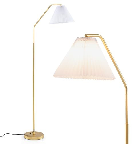COSTWAY Lampada da Terra ad Arco con Paralume e Testa Regolabile, Piantana da Terra Interruttore a Pedale, Lampada da Pavimento Moderno per Salotto, Soggiorno e Ufficio, Oro e Bianco