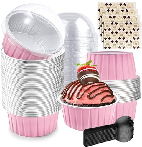 50Pcs Aluminum Foil Baking Cups with Lids and Spoons, 150ml Mini Cake Tins Containers Cupcake Cases Small Baking Pans Loaf Cups with 50pcs Stickers for Home Baking (Pink Silver)