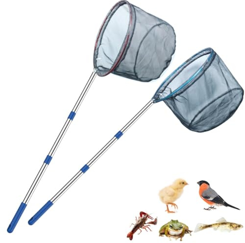 Paquete de 2 redes de pesca ligeras extraíbles con mango de poste de acero inoxidable para atrapar y liberar redes de mariposa (azul + rojo)