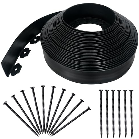 Quibbay 3.15 x 100' No Dig Landscape Edging, Flexible Garden Edging Borders with 150 Anchoring Spikes, Plastic Lawn Edging for Landscaping Garden Flower Beds Grass Yard Paver Pathway, Black