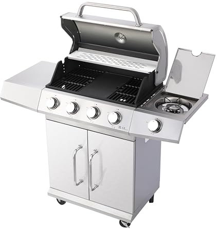 BBQ Kingdom 4+1 Burner Gas BBQ Grill, Stainless Steel Barbecue with Side Burner, Cast Iron Cooking Plate, Warming Rack, Side Tables, Grease Tray, Storage Cabinet, Includes Grill Cover, Adaptor & Hose