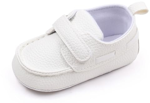 HAPEKEY Baby Loafers Ultra-Soft Leather Prewalkers with Non-Slip Soles Breathable Crib Shoes for Babies 0-18M (Baby Dress Shoes for Weddings D003 White 12