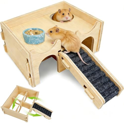 BNOSDM Wooden Hamster Hideout Syrian Hamsters Multi-Room Hideouts & Tunnel Exploring Toys Gerbils Wood House with Ladder for Dwarf Mouse Mice Rat and Other Small Animals