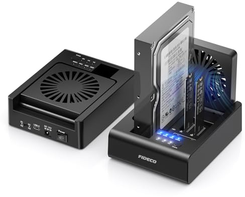 FIDECO HDD/M.2 NVMe SSD Cloner Docking Station, USB 3.2 Gen 2 (10 Gbit/s), 3-Bay Festplatten-Cloner-Dock für M.2 NVMe SSD und 2,5/3,5 SATA HDD, mit klappbarem Lüfter