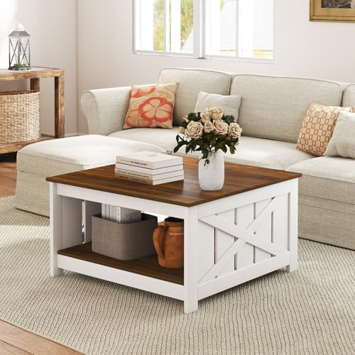 GOPLUS Mesa de Centro de 2 Niveles, Mesa de Café Rústica con Estante de Almacenamiento Abierto, Mesa Auxiliar de Cóctel Cuadrada de Estilo de Granja, Mueble de Interior, 78 x 78 x 44 cm