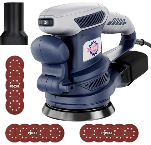 TurboVolt Exzenterschleifer 125mm mit Bremse, 450W Schleifmaschine für Holz mit 15 Schleifpapier & Staubabsaugung, 6 Geschwindigkeiten 6000-13000 U/min, Staubsaugerkompatibel für Holz Schleifarbeiten