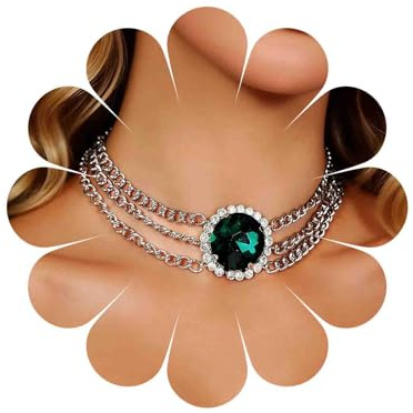 Katshdan Emerald Green Crystal Statement Necklace Layered Chunky Chain Necklace Geometric Crystal Choker Necklaces Luxurious Rhinestone Short Neck Chunky Chain Collar Jewelry for Women