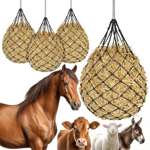 Zinueen Red de heno para caballos, caballo con malla estrecha de 4 x 4 cm – 4 unidades de saco de heno para caballos de nailon resistente, reduce la pérdida de alimento y promueve la alimentación