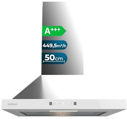 Cecotec Campana Extractora Piramidal 50 cm Bolero Flux PT 504400 Inox A++. Cristal Frontal en Blanco, Succión 449,5 m³/h, Control Táctil Invisible, Función Booster, Filtros Lavables, Clase A++