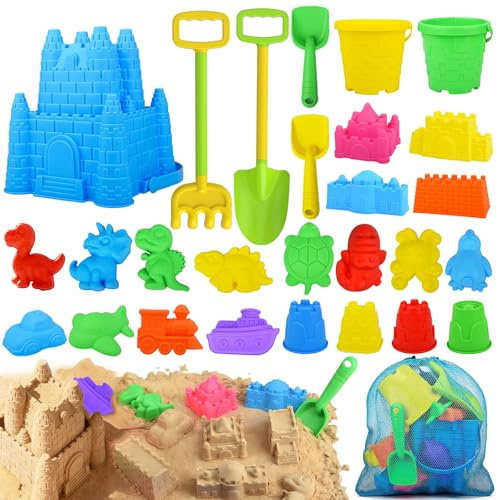 Fegalop Sandspielzeug Strandspielzeug für Kinder,28PCS Sandspielzeug mit 3 Burgeneimer,und Sandformen, Schaufeln und Rakes, Mesh-Beutel,Reise-Strandspielzeug-Set für Kinder Jungen Mädchen