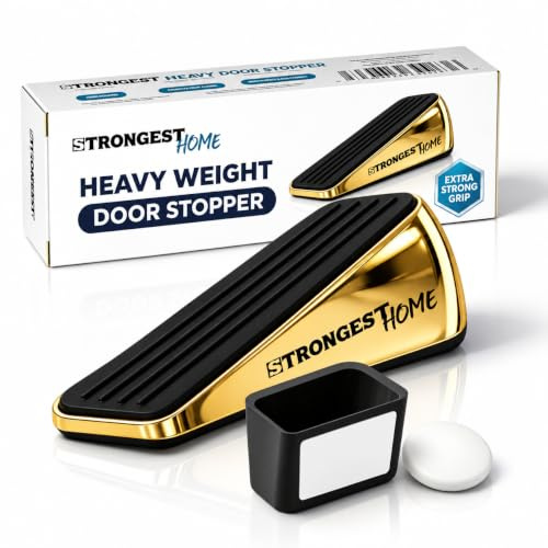 STRONGEST HOME Door Stoppers for Bottom of Door – Heavy Duty Metal Rubber Stopper, Non-Slip Door Stop for Heavy Doors, Works on Wood, Tile & Carpet, Wedge Gold 1 PC