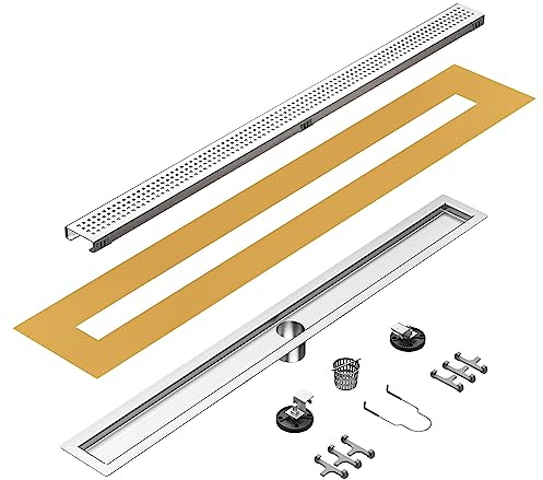 24 inch Linear Shower Drain with Square Hole Pattern Grate Cover, Brushed 304 Stainless Steel Bonding Flange Linear Drain, Low Profile Linear Shower Drain with Hair Strainer