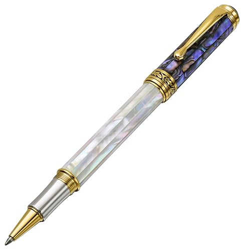Xezo Maestro stylo roller, pointe fine. Nacre océanique, coquillage Pāua, placage platine et or 18 carats. Fabriqué à la main, édition limitée, sérialisé.