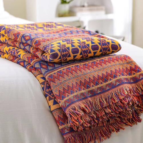 VAN Bohemisk Soffa Pläd Filt med Tofsar, 100 % Handvävd Bomull Stickad Fåtöljsoffa för Soffa och Säng (90 x 210 cm)