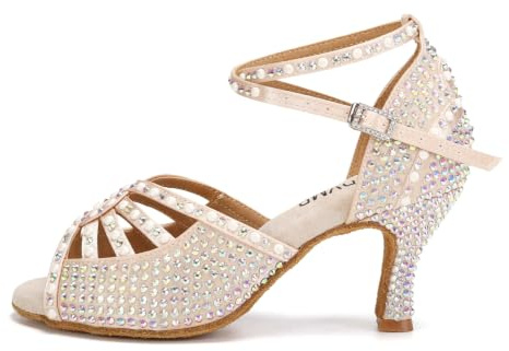 JUODVMP Zapatos de Baile Latino para Mujer Rhinestones Desnudo Estándar Salsa de Salón Tango Moderno Profesional 7.5cm Tacón,37EU