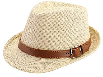 FALETO Straw Fedora Hat Classic Panama Trilby Hats Short Brim Sun Hat for Men Women Beige