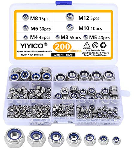 YIYICO Selbstsichernde Muttern Sortiment Sechskantmuttern Sicherungsmuttern 200Stk M3 M4 M5 M6 M8 M10 M12 Kontermuttern Edelstahl Mutter Set
