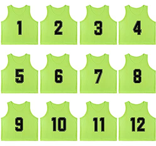 RE-HUO 12 Stück nummerierte (1–12) Scrimmage Westen/Sport Pinnies/Trainingsleibchen für Basketball, Fußball, Volleyball und Baseball (neongrün 1–12, L)