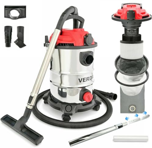 Verda Nass- und Trockensauger 1650W Industriesauger + Steckdose + Wasserablass + Blasfunktion Aschesauger für Kamin und Pelletofen 25 Liter Metallbehälter Edelstahltank [SN196]