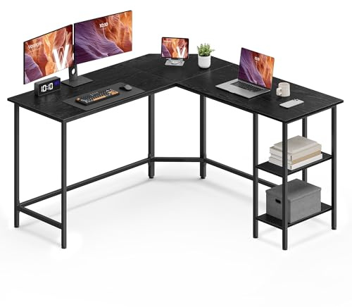 VASAGLE Schreibtisch, L-förmiger Computertisch, 138 x 138 x 76 cm, Eckschreibtisch mit 2 Ablagen, platzsparender Bürotisch, Gaming, Homeoffice, einfacher Aufbau, schwarz mit Holzmaserung LWD072B56