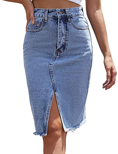 Y2K jeanskjol för kvinnor knälång – midikjol med slits fram jeanskjol stretch tajt höftkjol sexig curvy vårkjol elegant sommarkjol med ficka streetwear dragkedja kjolar sommar vår, blå, L
