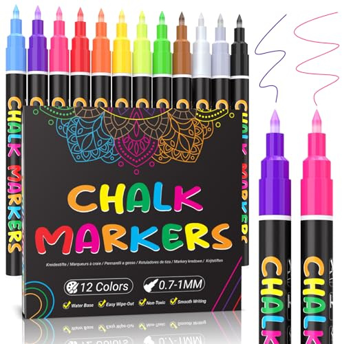 KERIFI Liquid Chalk Markers Fine Tip 1.0 mm, 12 Colors Wet Erase Makers for Chalkboard Calendar, Erasable Chalk Pens for Blackboard, Bistro, Menu, Wedding Signs, Glass Window Decor, 45 Labels Included
