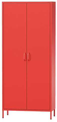 Jan Nowak Kleiderschrank 2 Türig, Metallschrank Glitzernd - Flavio | Ablagen, Kleiderstange, Leiser Magnetverschluss | Garderobenschrank für Schlafzimmer, Kinderzimmer | 80 x 185 x 45 cm | Rot