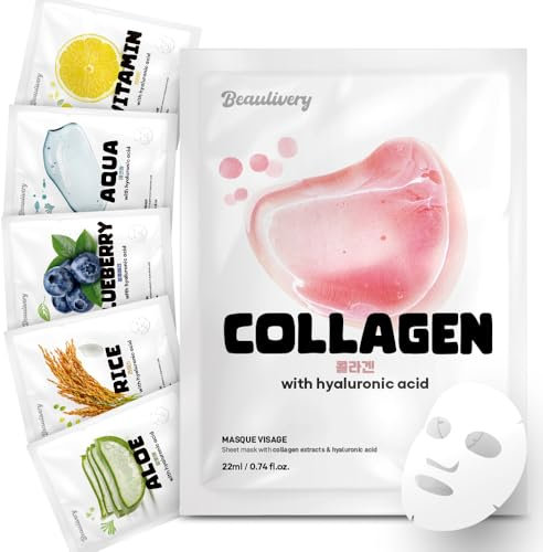 BEAULIVERY 6 Stück Koreanische Gesichtsmaske mit Hyaluronsäure Tuchmaske, 6 Typen Tuchmasken set