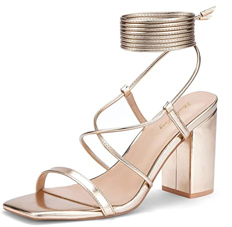 Elisabet Tang Women's Strappy Straps Lace Up Chunky Heel Sandals Medium Block Heel Ladies Square Open Toe Shoes, Gold, 8.5 UK