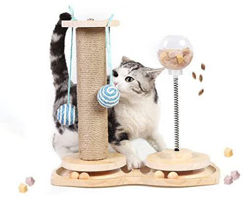 Marchul 4 in1 Interactive Cat Toy, Natural Sisal Cat Scratching Post with Hanging Balls, Cat Toys with Roller Track Ball by Wooden, Cat Food Feeder Toy with Treat Ball for Indoor Cats and Kittens