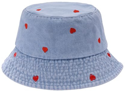 MILAKOO Fischerhut Damen Herz Embroidered Fischerhüte Baumwolle Denim Sonnenhut Sommer Strand Eimer Hut für Unisex