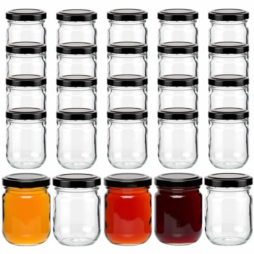 gouveo HEG125SZ Lot de 25 bocaux de conservation Helix avec couvercle à visser noir - Petits bocaux de conservation avec couvercle à visser TO53 - Bocaux à visser pour confiture, miel, épices, faits