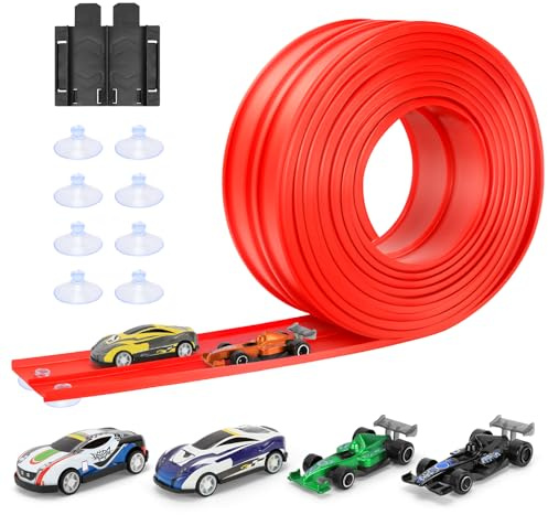 Autorennbahn 5M Inklusive 4 Autos: KETIEE Flexible Rennstrecke Auto Rennbahn Spielzeug Autobahn Kinder Rollt Auf Tragbare Dual Rennstrecke Rampen für 1/64th Autos für Alter 3+, Rot