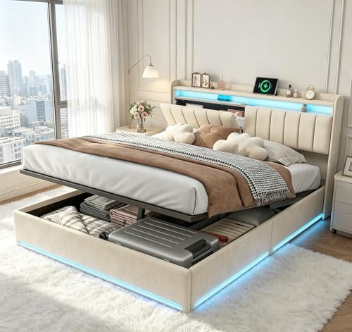 RTYUSWL Cama doble tapizada de 140 x 200 cm, cama hidráulica de 140 x 200 cm, con cajón y somier, cabecero de almacenamiento con LED y estación de carga USB, cama juvenil de madera maciza y terciopelo