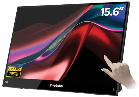 Verbatim Bärbar pekskärm 15,6 tum Full HD mobil bildskärm bärbar plastskärm för bärbar dator, surfplatta, smartphone, PS5 eller Nintendo Switch med USB-A, USB-C och HDMI-portar, svart