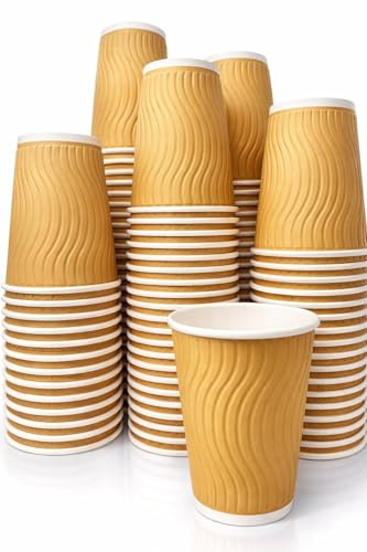 DHANZIPAK 100 x Premium Kraft 8 Ounce (8oz) Ripple 3 Ply Disposable Leakproof Insulated Paper Cups for Tea, Coffee, Cappuccino & Other Hot Drinks