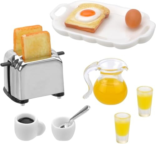 Accesorios en miniatura para desayuno, mini accesorios para casa de muñecas, accesorios para gnomos, vajilla para muñecas, porcelana, minicocina, mini comida, mini tostadora, pan, huevos, café, tazas