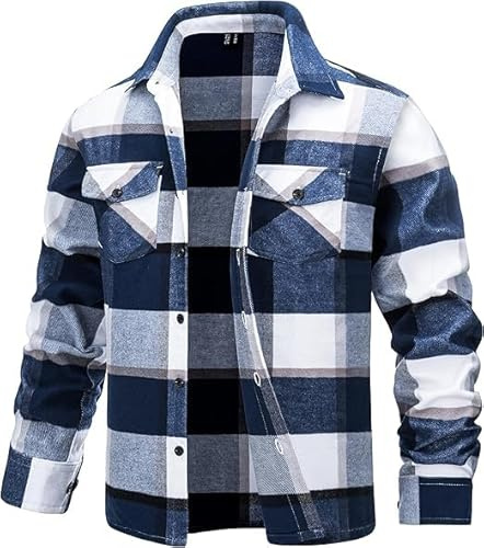 TACVASEN Flannel Shirts for Men Long Sleeve Plaid Cotton Shirts Checked Shirt Jacket Lumberjack Shirt 2 Pockets Blue S