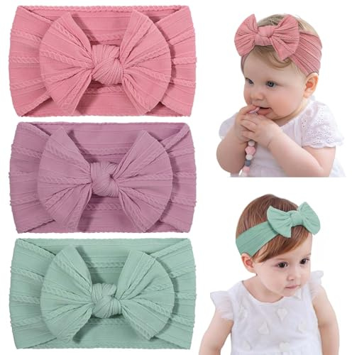 DiULi Set med 3 hårband för flickor – Mjukt, hypoallergent nylon 0-3 år – Elastiska hårband med rosett – Perfekt för nyfödda, småbarn, babyshowerpresent