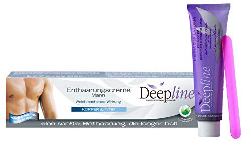 Deepline Haarentfernungscreme für den Mann. Lässt die Haut sanft, geschmeidig und seidig auch intimbereich.