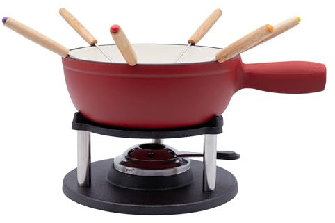 osoltus Fondue | Käsefondue | Fleischfondue Set Gusseisen 6 Personen Emaille | 13 TLG. inklusive Holzbrett und Fonduegabeln (rot matt)