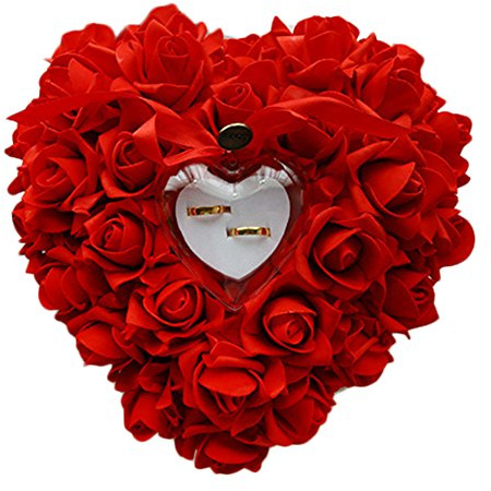 Zentto Coussin rose en forme de cœur pour bague de mariage avec motif floral en satin 24 x 22 cm (1 pièce), Red, 24 x 22 cm
