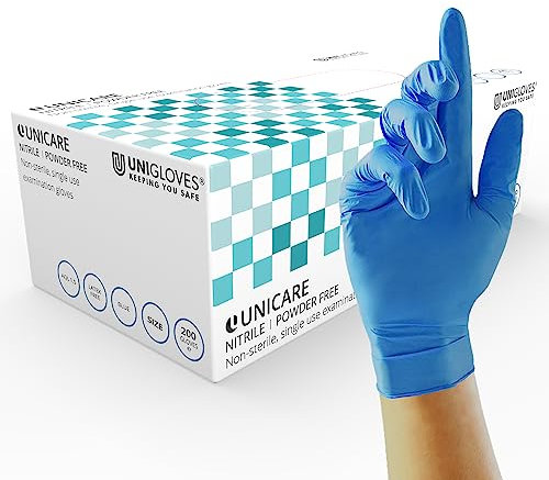 Unigloves Unicare Nitrile Examination Gloves - Multipurpose, Powder Free, Medical Grade Disposable Gloves - Box of 200 Gloves, Blue, Medium (GS0043)