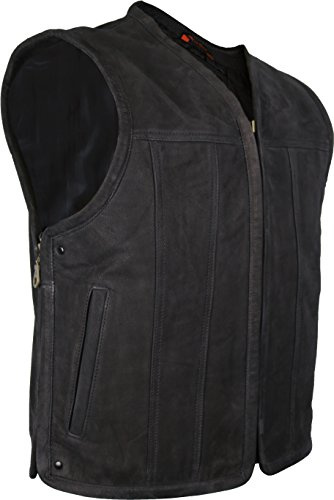 Chaleco de piel para motorista en negro mate con cremalleras laterales, Nobuk Matt negro., XXXXXL