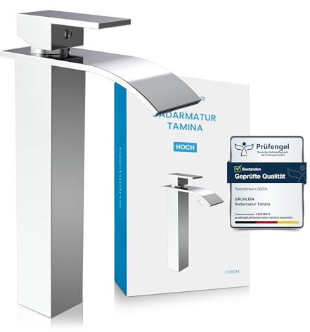 Bächlein Badarmatur Tamina hoch in Wasserfall-Design, extra hoher Einhebelmischer mit Montage-Set für Aufsatzwaschbecken, Bad Wasserhahn Chrom