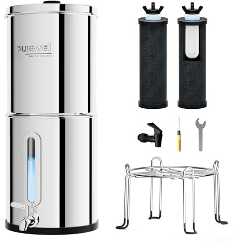 Purewell 2.25G Gravity Water Filter System with Water Level Window, 3-Stage 0.01μm Ultra-Filtration Stainless Steel Countertop System with 2 Filters and Stand, Reduce 99% Chlorine, PW-KS