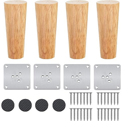 4 Piezas Patas de Repuesto para Muebles Madera Maciza,Patas de Mesa de Madera Cónicas Rectas,Patas de Sofá para Placas de Montaje y Tornillos para Sofá Cama,Estantería,TV Armario,Silla,Sillón (8 cm)