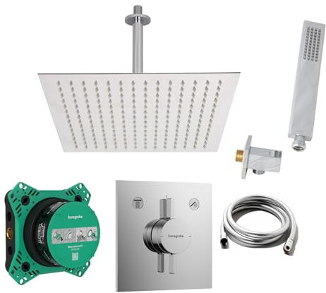 vanvilla Duschsystem mit Unterputz Duscharmatur von Hansgrohe Duo Turn E und vanvilla Regendusche mit Armatur, Duschkopf eckig, Dusch-SET HG202 poliert