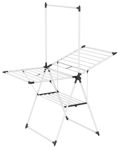 SONGMICS Wäscheständer, zusammenklappbar, Wäschetrockner mit 2 Ebenen, Flügelwäscheständer, freistehend, 1 obere Hängestange, 2 höhenverstellbare Flügel, 24 Stangen, platzsparend, weiß LLR521W01